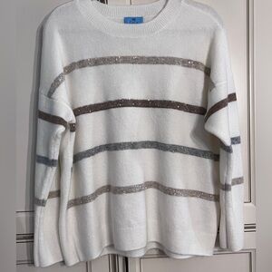 Oversized CeCe White Sweater with Brown and Gray Stripes